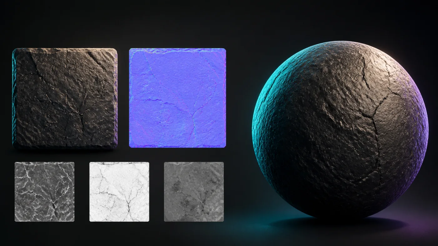 Weathered stone source beside a purple-blue normal map, three grayscale material maps, and a lit stone sphere