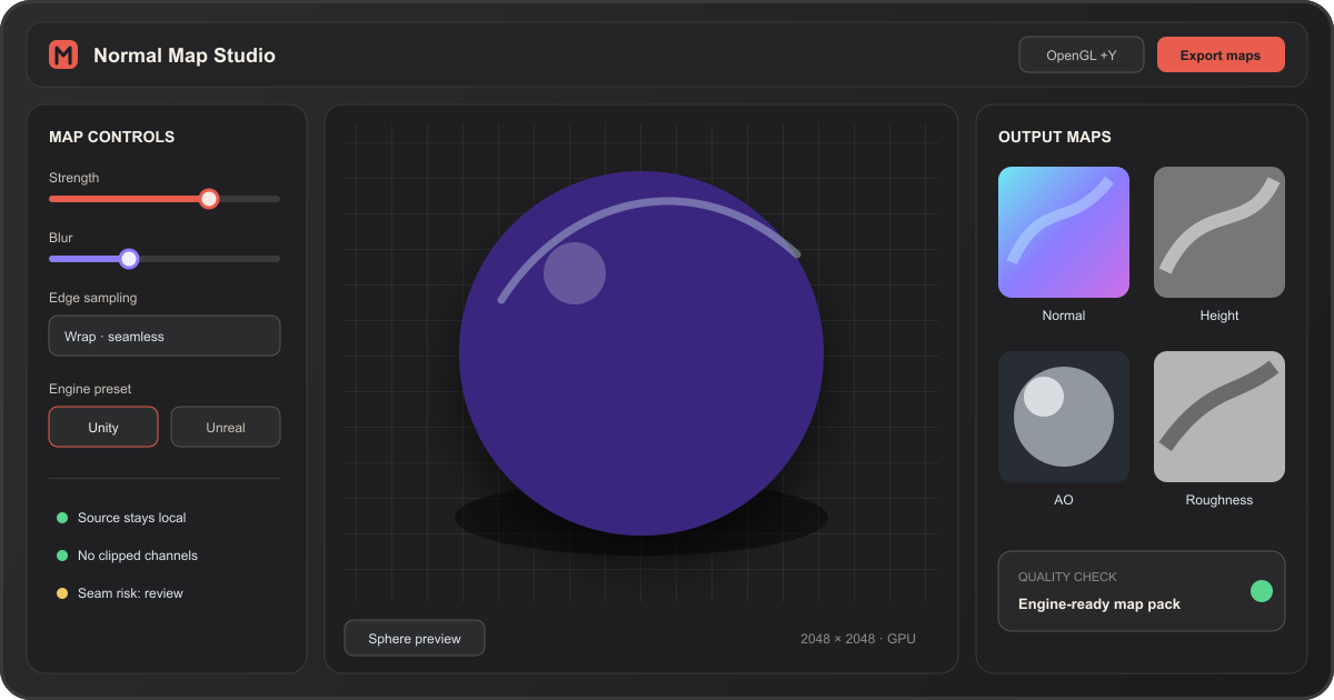 Normal Map Studio workbench with map controls, a lit material sphere, and four generated texture maps