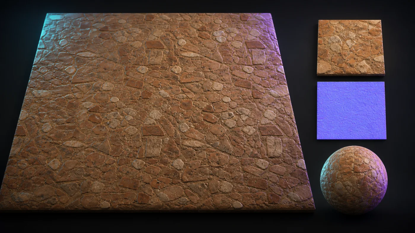 Repeating terracotta stone texture with source and purple-blue normal map tiles beside a lit sphere
